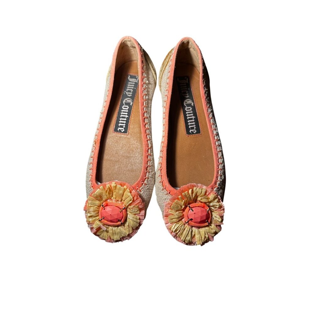 Juicy Couture Women’s Coral & Beige Flats With Floral Rhinestone size 8M